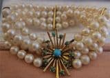 Cultured pearl four string bracelet 18ct spacers and 18ct turquoise snap