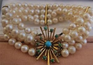 Cultured pearl four string bracelet 18ct spacers and 18ct turquoise snap