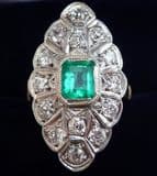 Edwardian 18ct 18k and white gold 0.65ct colombian emerald and diamond marquise vintage antique ring