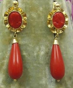 Fabulous Vintage Red coral bomb drop earrings in 18ct gold French fittings