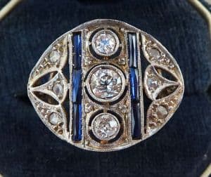 Gorgeous 18ct 18k white gold art deco 0.80ct diamond and sapphire vintage antique ring