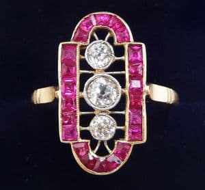 Gorgeous art deco 18ct 18k and white gold french cut ruby and diamond marquise vintage antique ring