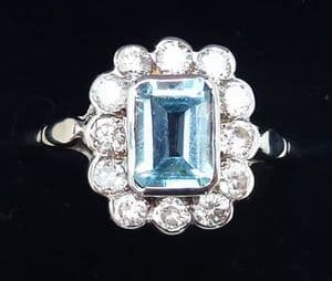 Gorgeous art deco 18ct 18k white gold aquamarine and 0.84ct diamond vintage antique cluster ring