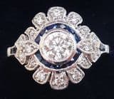 Gorgeous art deco 18ct 18k white gold sapphire and 1.07ct diamond vintage antique target ring