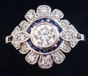 Gorgeous art deco 18ct 18k white gold sapphire and 1.07ct diamond vintage antique target ring