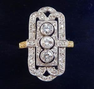 Gorgeous art deco 18ct 18k yellow and white gold elongated vintage antique diamond ring