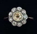 Gorgeous art deco 18ct and 18ct white gold 0.90ct champagne diamond vintage antique daisy ring