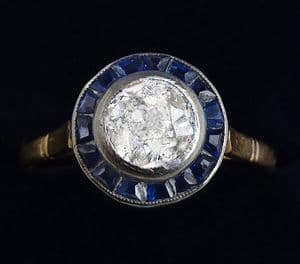 Gorgeous art deco 18ct and white gold 0.80ct diamond a sapphire vintage antique target ring
