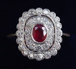 Gorgeous art deco 18ct gold and platinum 0.45ct ruby diamond vintage antique cluster ring
