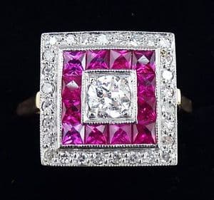 Gorgeous art deco 18ct gold and platinum ruby and diamond panel vintage antique cluster ring