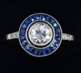 Gorgeous art deco platinum 0.71ct diamond and sapphire vintage antique target ring