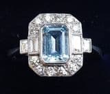 Gorgeous art deco platinum 0.95ct emerald cut aquamarine and diamond vintage antique cluster ring