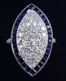 Gorgeous art deco platinum 0.99ct diamond and sapphire vintage antique marquise ringDate made: 1930'