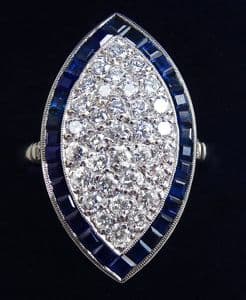 Gorgeous art deco platinum 0.99ct diamond and sapphire vintage antique marquise ringDate made: 1930'