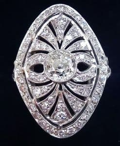 Gorgeous art deco platinum 1.10ct diamond marquise elongated vintage antique cluster ring