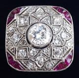 Gorgeous art deco platinum 1.15ct diamond and 0.40ct ruby vintage antique cluster ring