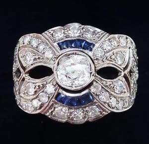 Gorgeous art deco platinum 1.94ct diamond and baguette sapphire vintage antique cluster ring