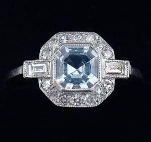 Gorgeous art deco platinum 1ct aquamarine and diamond vintage antique cluster ring