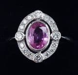 Gorgeous art deco platinum 1ct pink sapphire and diamond vintage antique cluster ring