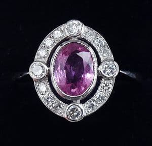 Gorgeous art deco platinum 1ct pink sapphire and diamond vintage antique cluster ring