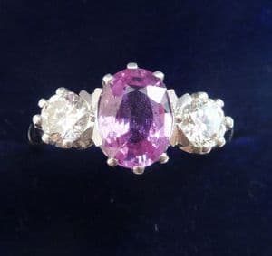 Gorgeous art deco platinum pink sapphire and diamond three stone vintage antique trilogy ring