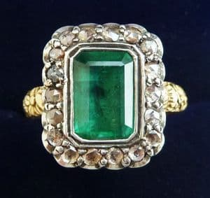 Gorgeous georgian 18ct gold and silver 2.5ct emerald and rose cut diamond vintage antique ring
