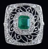 Gorgeous platinum art deco 0.80ct emerald and 0.72ct diamond panel cluster ring