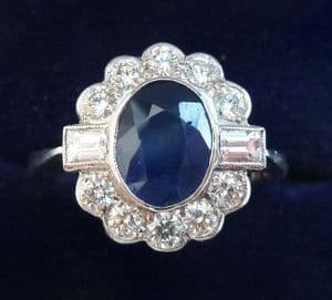 Gorgeous platinum art deco 1.30ct sapphire and diamond baguette vintage antique cluster ring