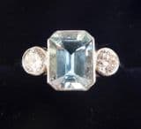 Gorgeous platinum art deco 1.55ct emerald cut aquamarine and diamond trilogy vintage antique ring