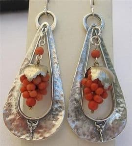 LARGE ART NOUVEAU SILVER CREOLE CORAL GRAPE EARRINGS WOW
