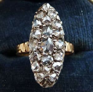 Stunning 18ct 18k gold & silver victorian 1.20ct rose cut diamond navette vintage antique ring