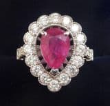 Stunning 18ct white gold art deco 2.75ct pear cut ruby and diamond vintage antique cluster ring