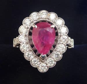 Stunning 18ct white gold art deco 2.75ct pear cut ruby and diamond vintage antique cluster ring