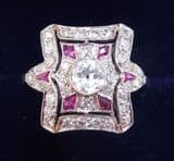 Stunning art deco 18ct white gold 1.02ct diamond and ruby cluster elongated vintage antique ring