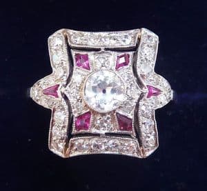 Stunning art deco 18ct white gold 1.02ct diamond and ruby cluster elongated vintage antique ring