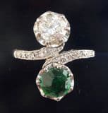 Stunning art deco platinum 1.11ct diamond and emerald crossover vintage antique ring