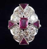 Stunning art deco platinum 1.3ct ruby and 1.28ct diamond elongated cluster ring