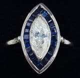 Stunning art deco platinum 1ct marquise diamond and 0.60ct sapphire vintage antique cluster ring