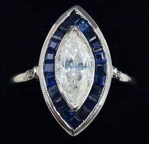 Stunning art deco platinum 1ct marquise diamond and 0.60ct sapphire vintage antique cluster ring