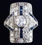 Stunning art deco platinum 2.93ct diamond and sapphire elongated vintage antique ring