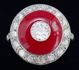 Stunning art deco platinum red enamel and 1.01ct diamond vintage antique target cluster ring