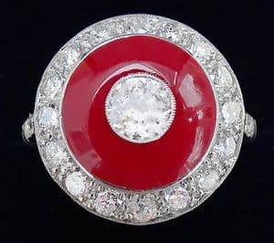 Stunning art deco platinum red enamel and 1.01ct diamond vintage antique target cluster ring