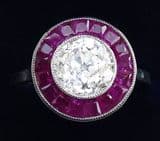 Stunning art deco platinum ruby and 1.55ct old cut diamond vintage antique target ring