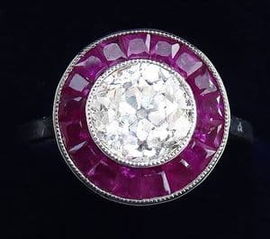 Stunning art deco platinum ruby and 1.55ct old cut diamond vintage antique target ring