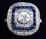Stunning art deco platinum sapphire and 1.56ct diamond vintage antique cluster ring