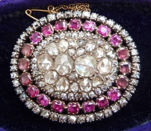 Stunning georgian rose diamond and flat cut rubies amethysts 18th century brooch