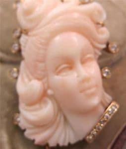 Superb angelskin pink coral carved lady 1ct diamonds 18ct gold brooch 25 grams