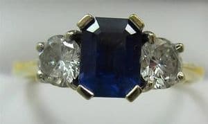superb rectagular sapphire and diamonds three stone trilogy deco ring 18ct wow