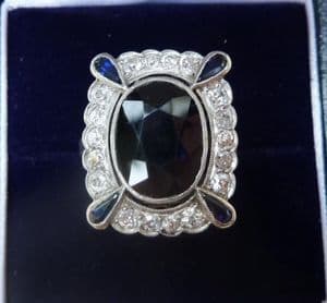 Wonderful all platinum art deco 7.50ct sapphire and diamond antique ring