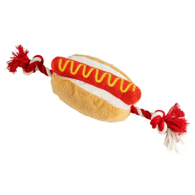 House of Paws soft plush Hot Dog toy with rope & plastic squeaker